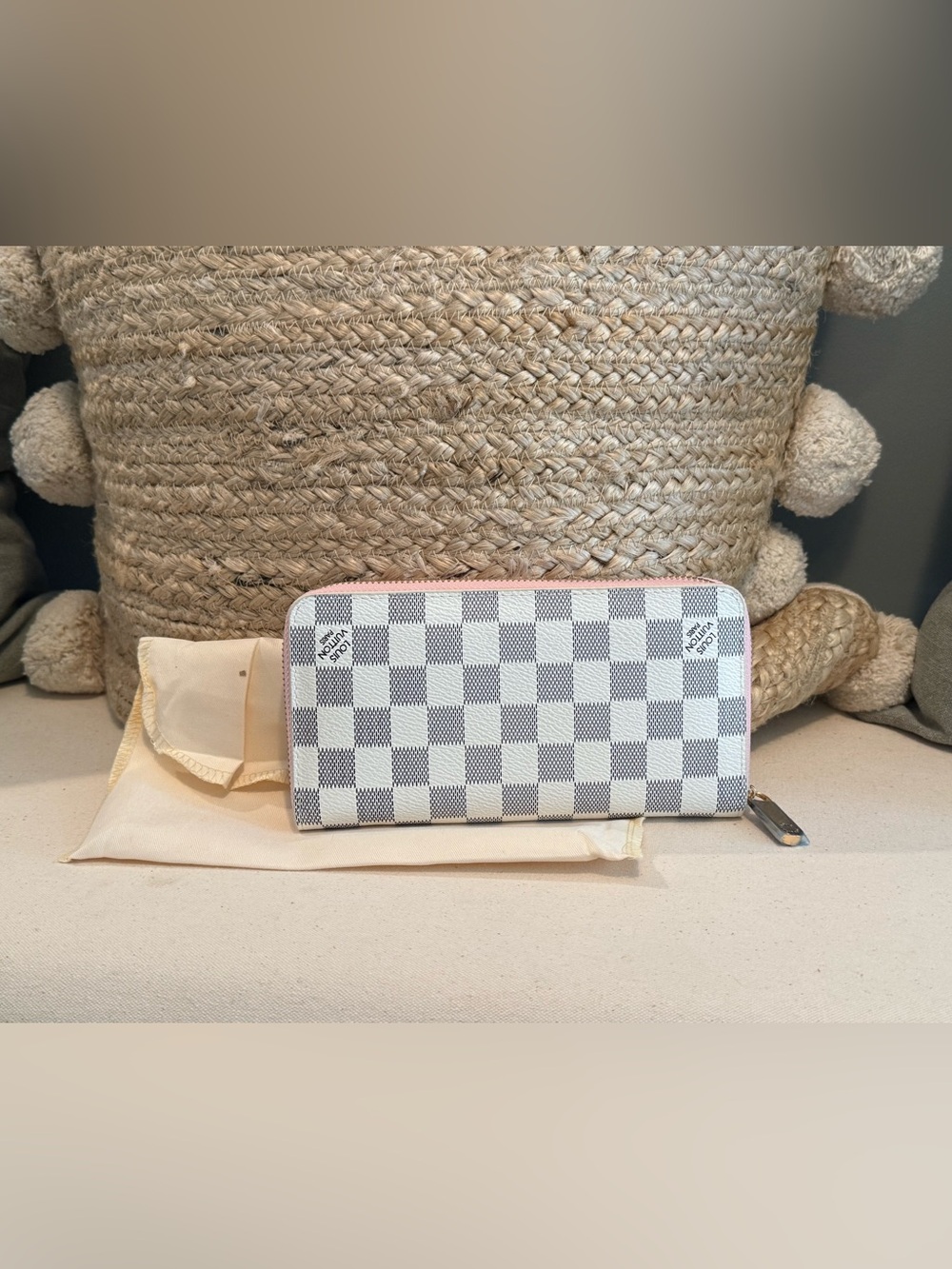 L V Pink Trim Checkered Zip-Around Wallet